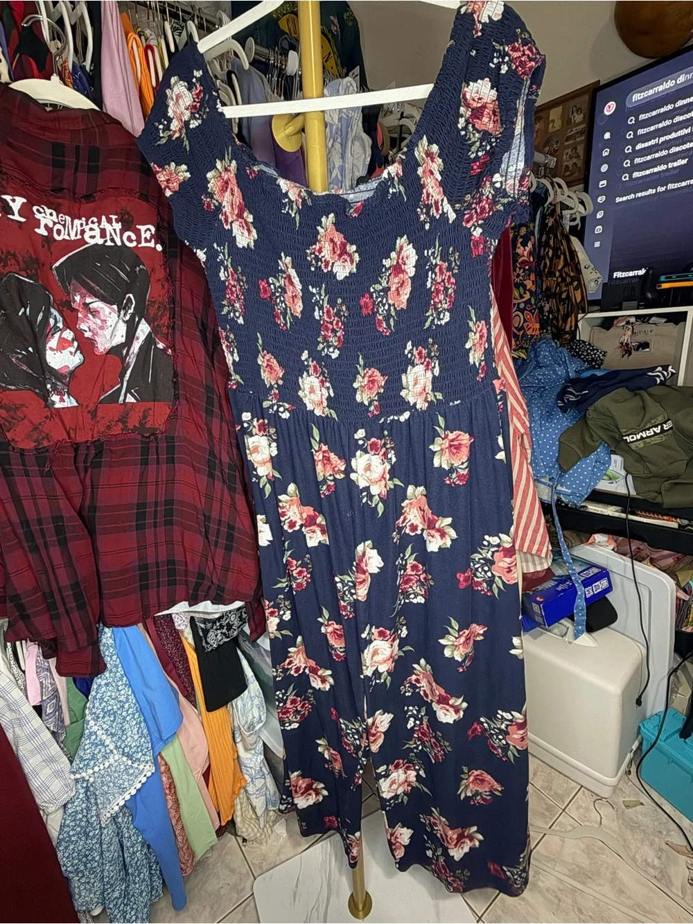 J for Justify Navy Floral Smocked Cap-Sleeve Jumpsuit - Picture 2 of 3
